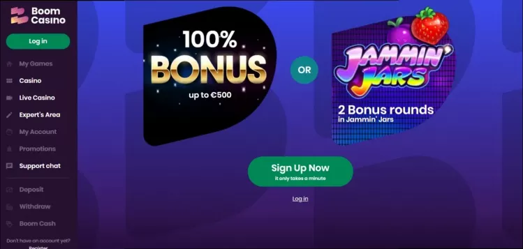 Boom Casino 100% tot €250 + 100 Gratis Spins bonus